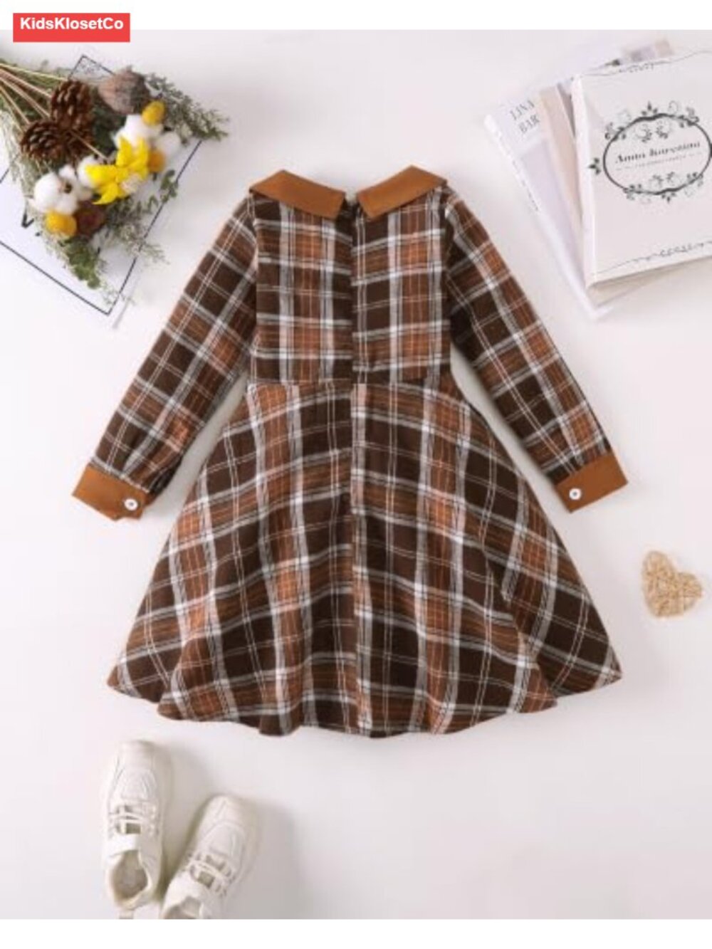 Girls Long Sleeve Plaid Swing Dress with Peter Pan Collar Fall Winter - Picture 4 of 6